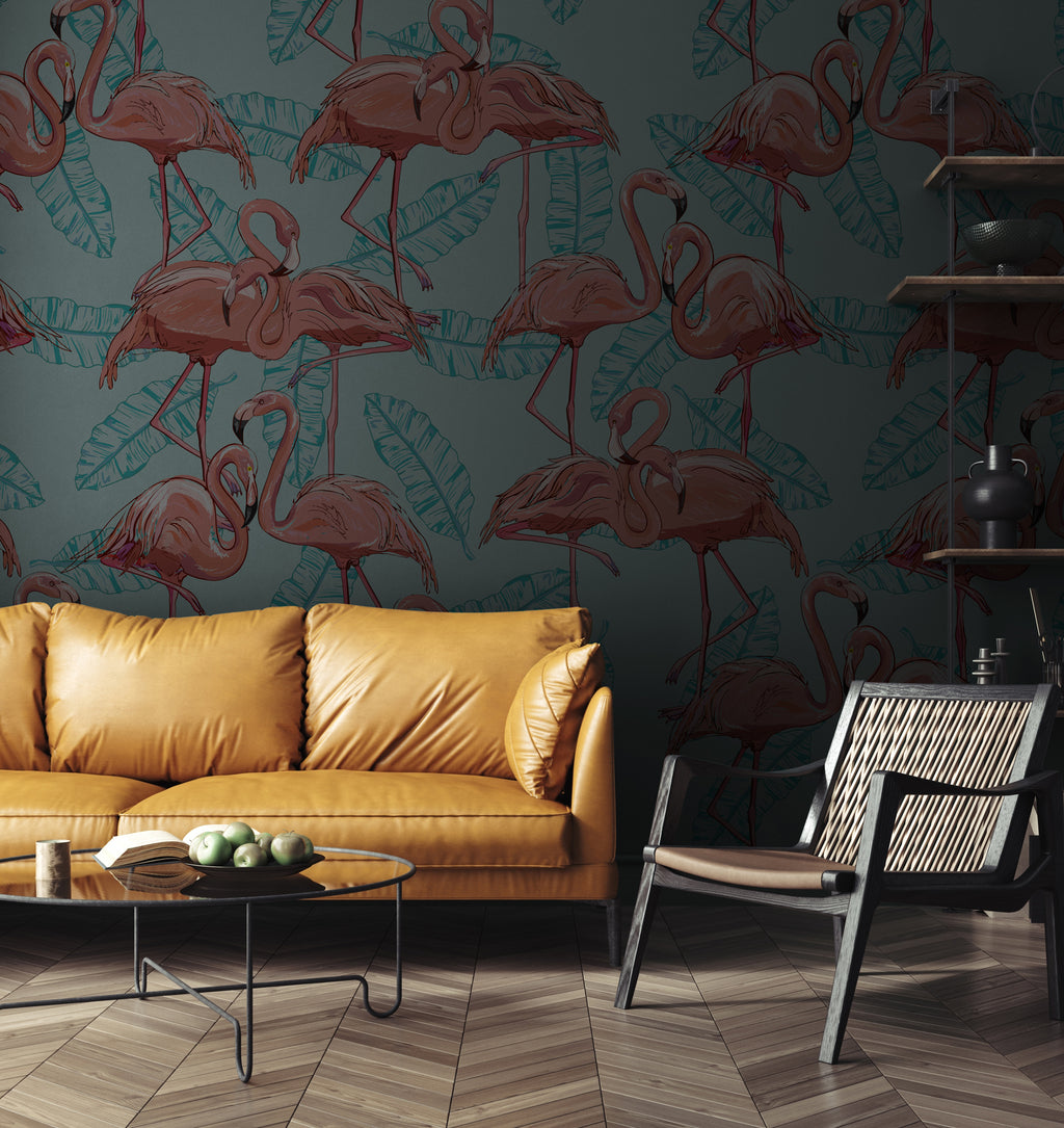 Pink Flamingo Wallpaper : Tropical Leaf on Aqua Pattern Mural