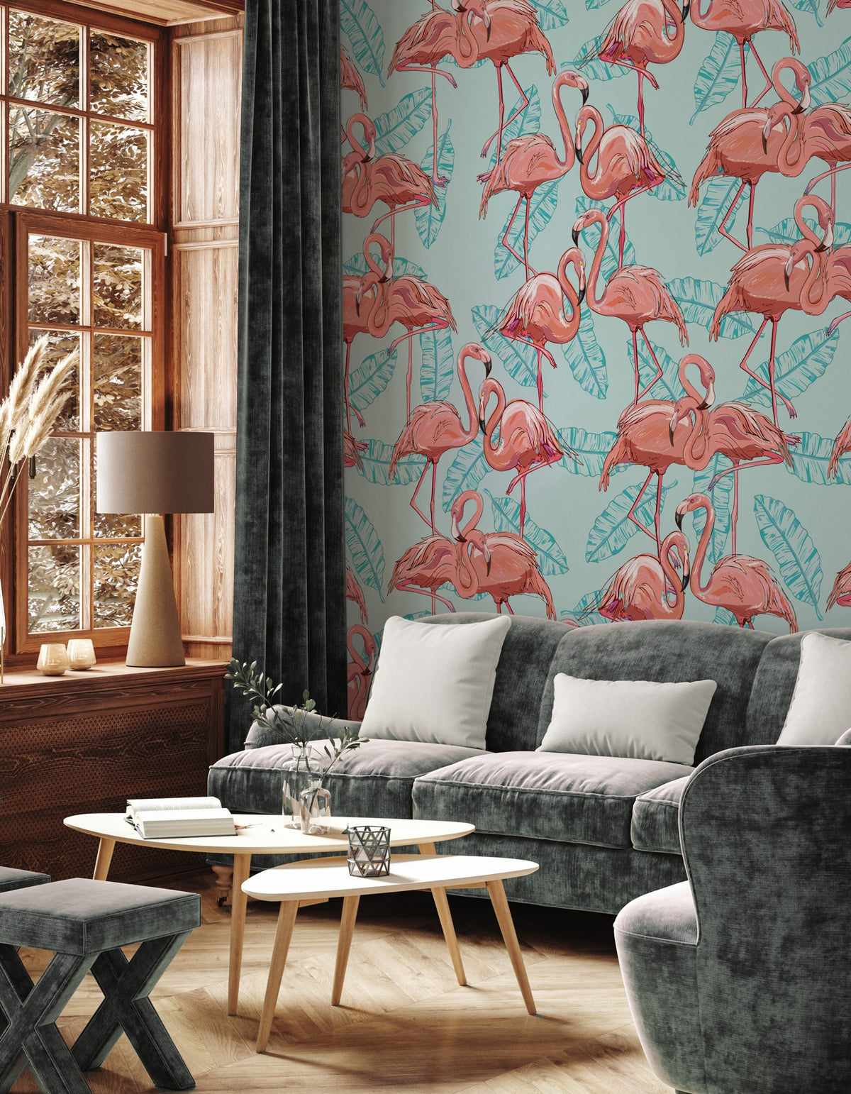 Pink Flamingo Wallpaper : Tropical Leaf on Aqua Pattern Mural - View 4