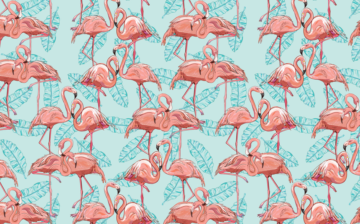 Pink Flamingo Wallpaper : Tropical Leaf on Aqua Pattern Mural - flat design