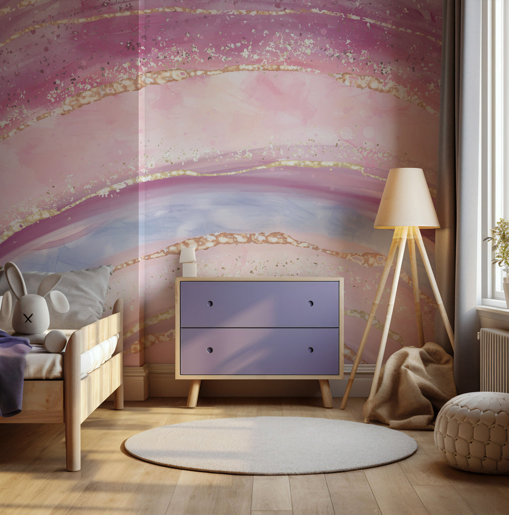 Pink Marble Wallpaper : Rainbow Agate with Gold Glitter Mural