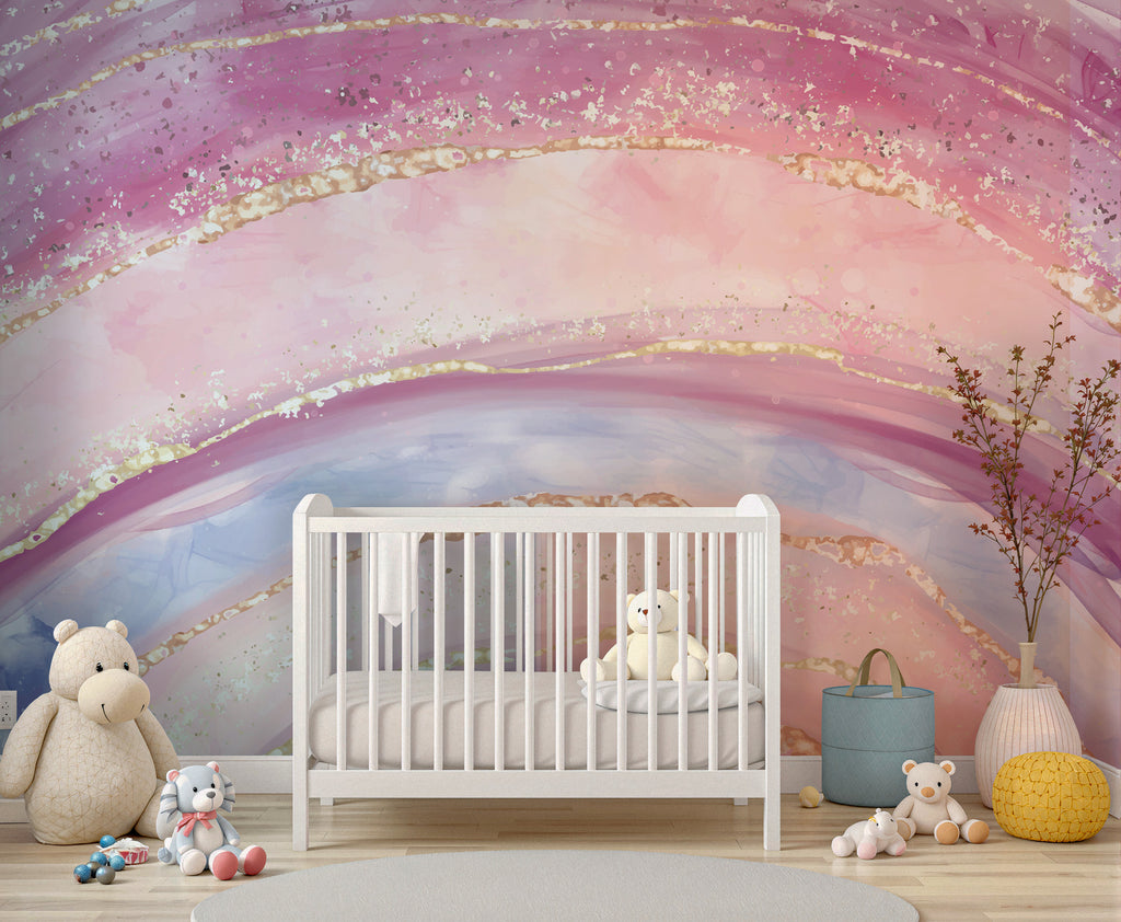 Pink Marble Wallpaper : Rainbow Agate with Gold Glitter Mural - View 4