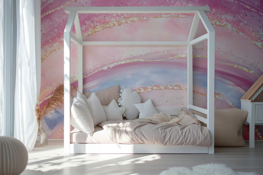 Pink Marble Wallpaper : Rainbow Agate with Gold Glitter Mural - View 3