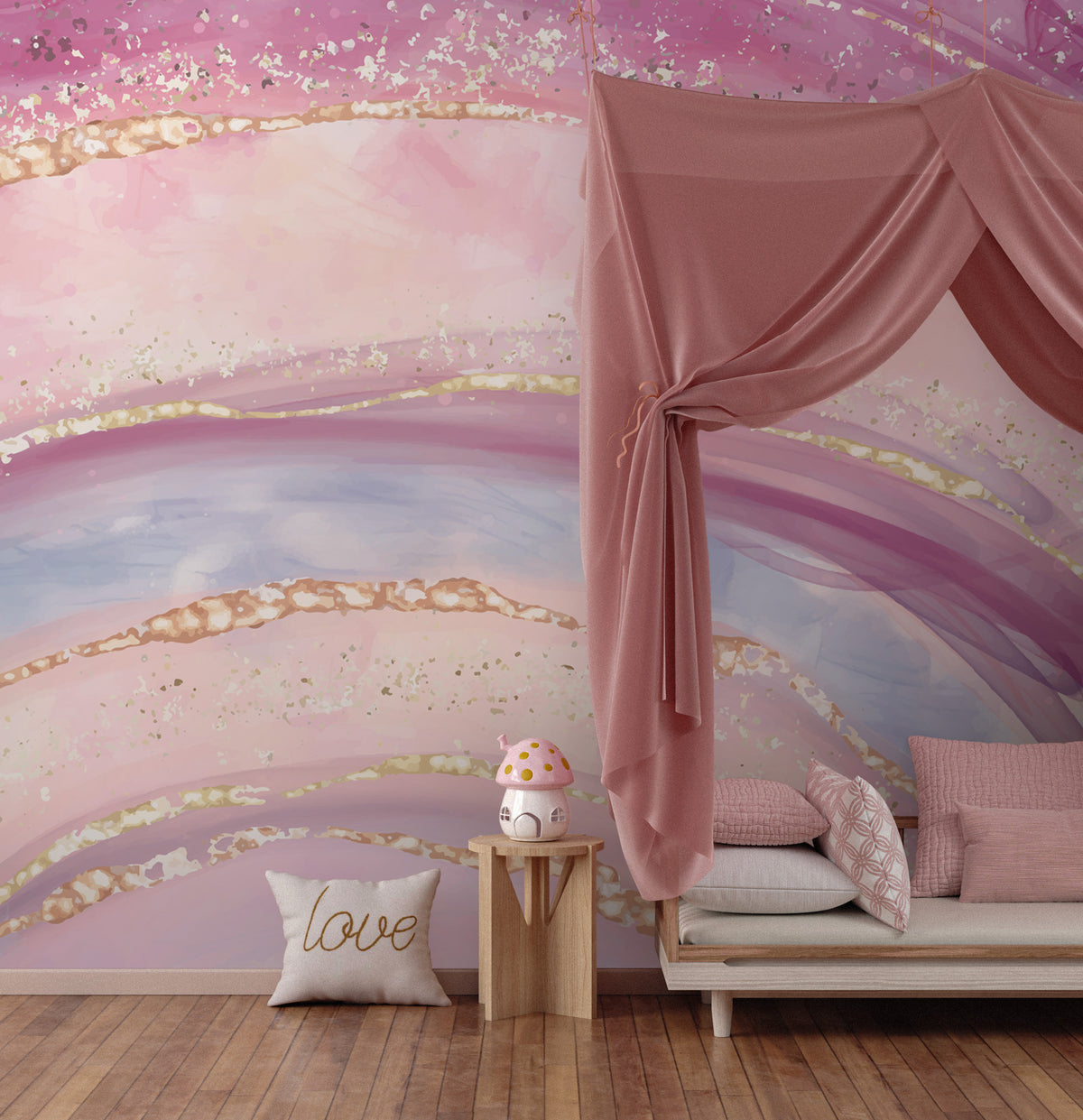 Pink Marble Wallpaper : Rainbow Agate with Gold Glitter Mural - View 5