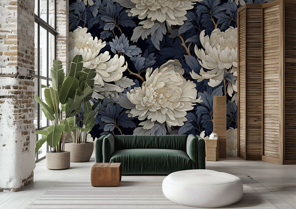 Large White Peony Wallpaper : Navy Floral Mural - View 2