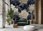 Large White Peony Wallpaper : Navy Floral Mural - View 2