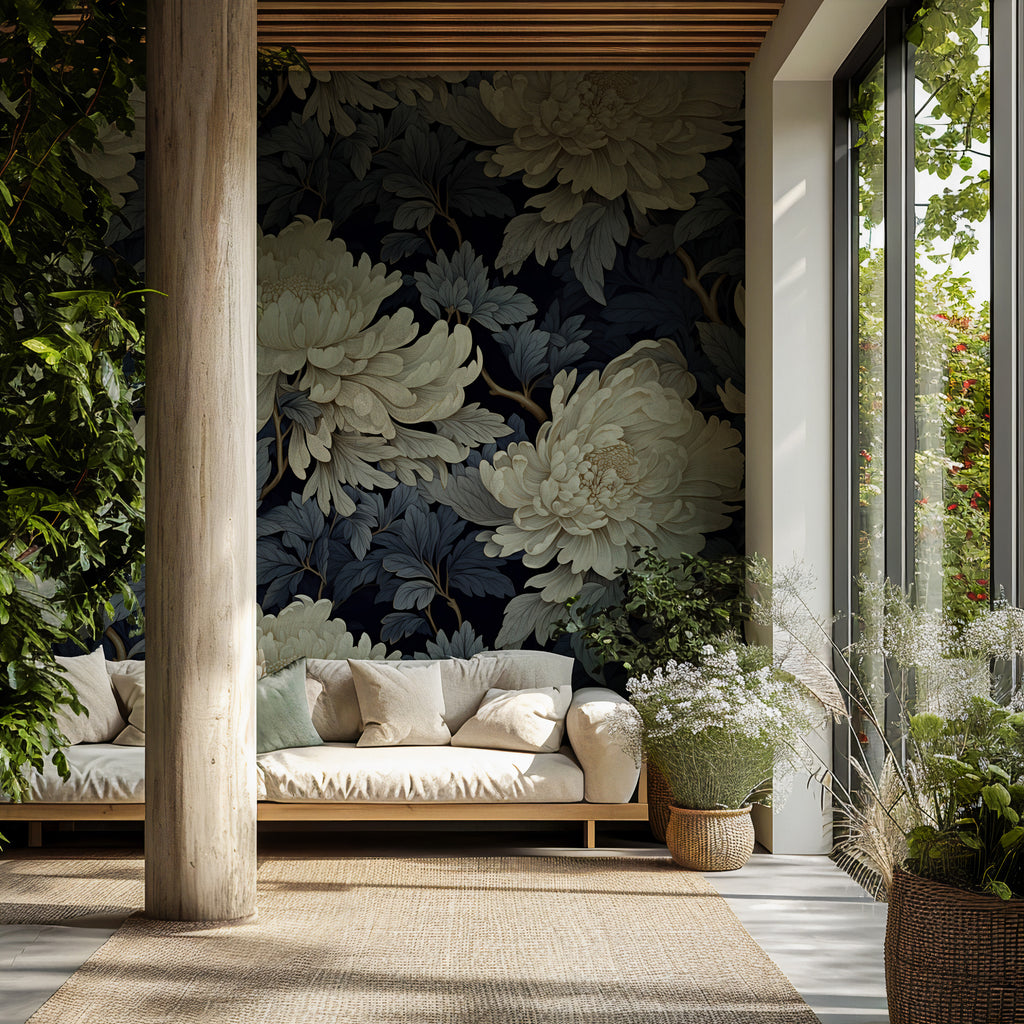 Large White Peony Wallpaper : Navy Floral Mural - View 3