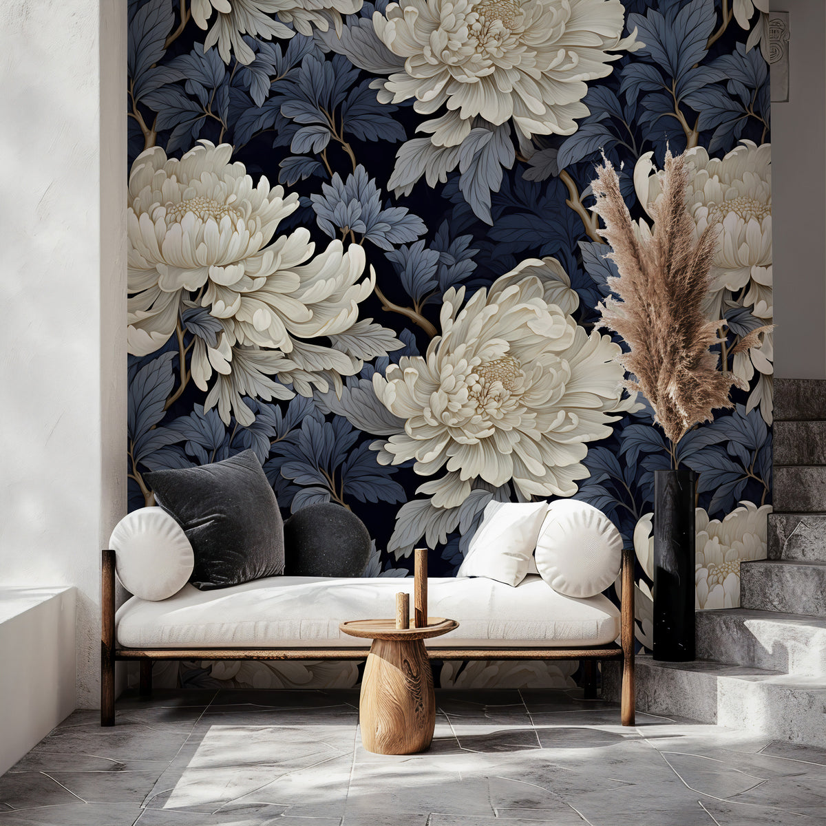 Large White Peony Wallpaper : Navy Floral Mural - View 4
