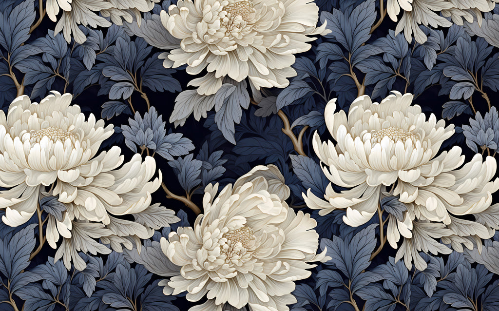 Large White Peony Wallpaper : Navy Floral Mural - flat design