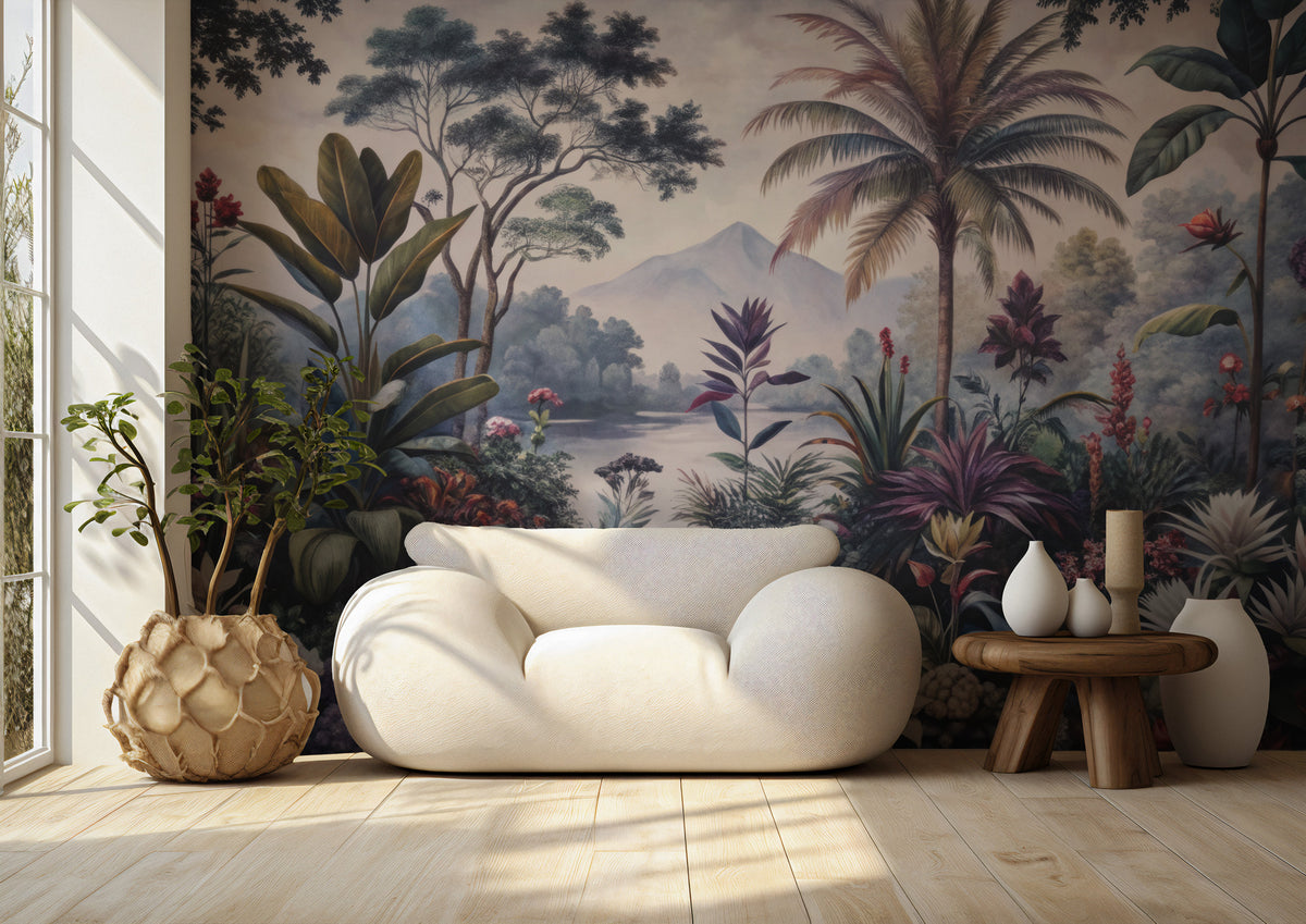 Tropical Garden Wallpaper : Lush Jungle and Lake Scenery Mural