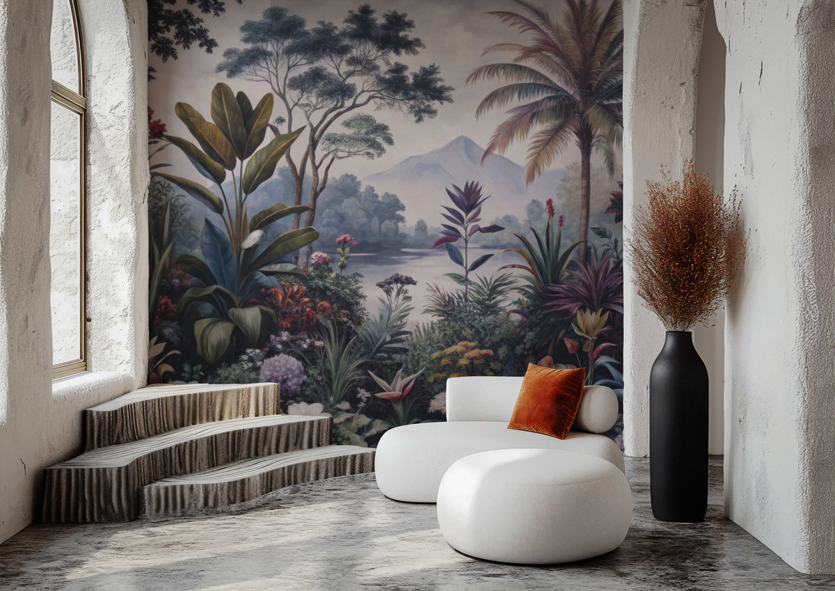 Tropical Garden Wallpaper : Lush Jungle and Lake Scenery Mural - View 2
