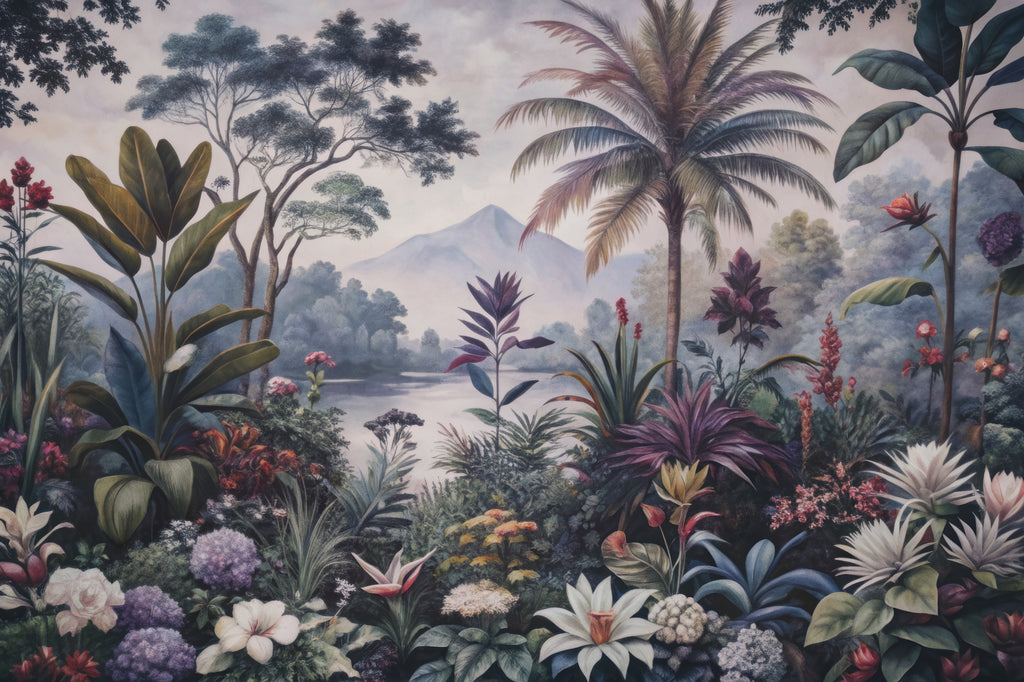 Tropical Garden Wallpaper : Lush Jungle and Lake Scenery Mural - flat design