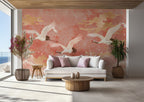 Coral Crane Wallpaper : Flying Cranes over Waves Mural - View 2