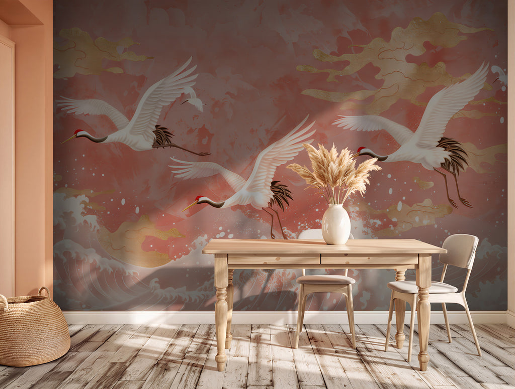 Coral Crane Wallpaper : Flying Cranes over Waves Mural - View 3