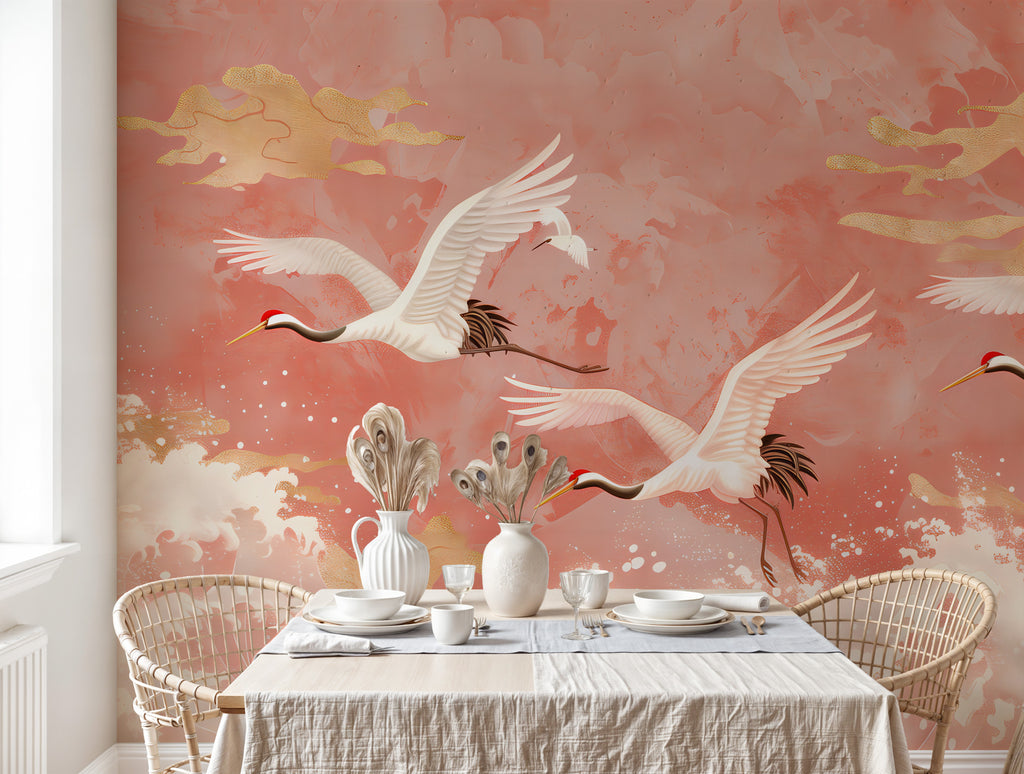 Coral Crane Wallpaper : Flying Cranes over Waves Mural - View 4