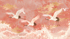 Coral Crane Wallpaper : Flying Cranes over Waves Mural - flat design