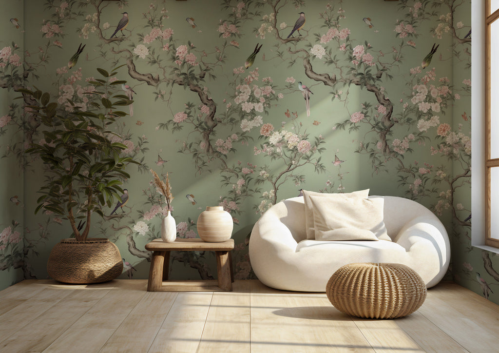 Sage Chinoiserie Wallpaper : Blossom Branch and Bird Mural - View 2
