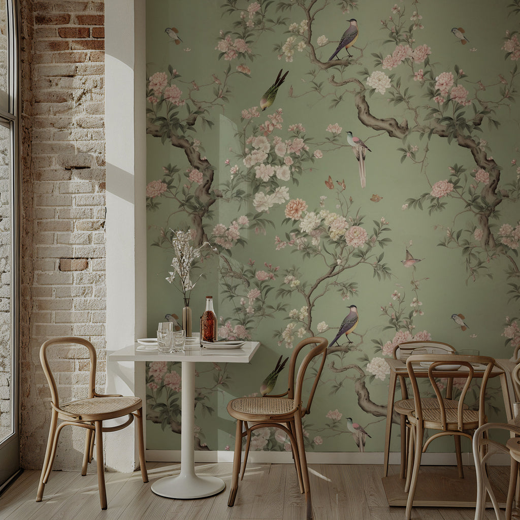 Sage Chinoiserie Wallpaper : Blossom Branch and Bird Mural - View 5
