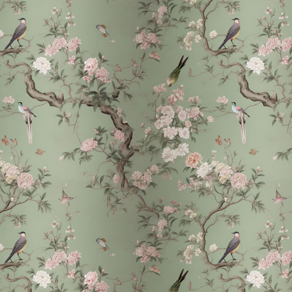 Sage Chinoiserie Wallpaper : Blossom Branch and Bird Mural - flat design