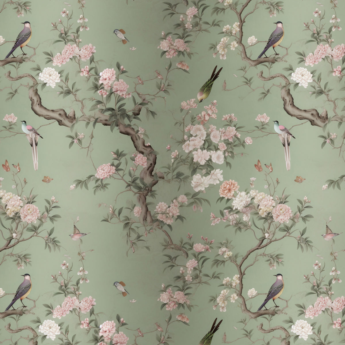 Sage Chinoiserie Wallpaper : Blossom Branch and Bird Mural - flat design