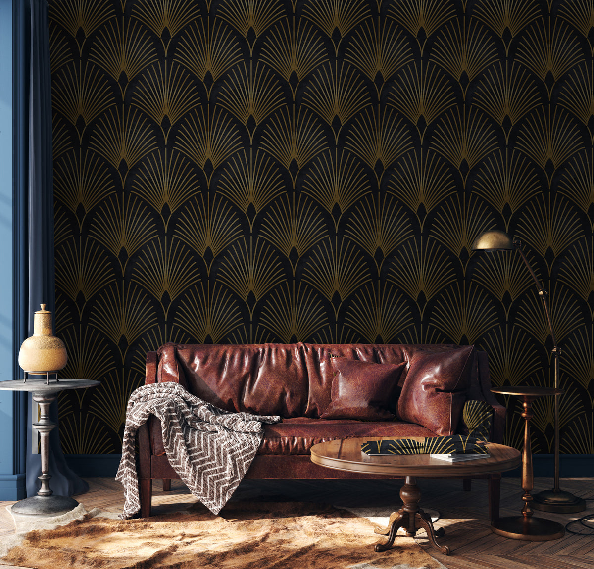 Black Gold Art Deco Wallpaper : Fan Pattern Mural - View 3