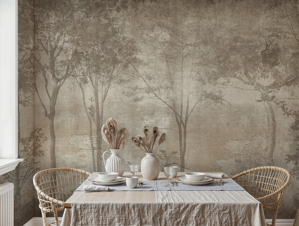 Faded Forest Wallpaper : Sepia Misty Woodland Mural - View 2