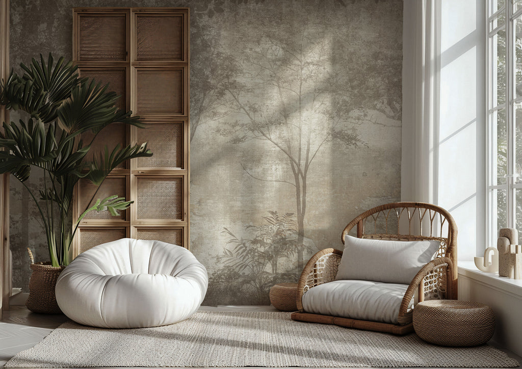 Faded Forest Wallpaper : Sepia Misty Woodland Mural - View 3
