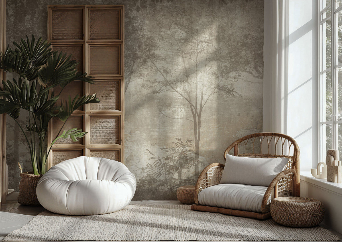 Faded Forest Wallpaper : Sepia Misty Woodland Mural - View 3