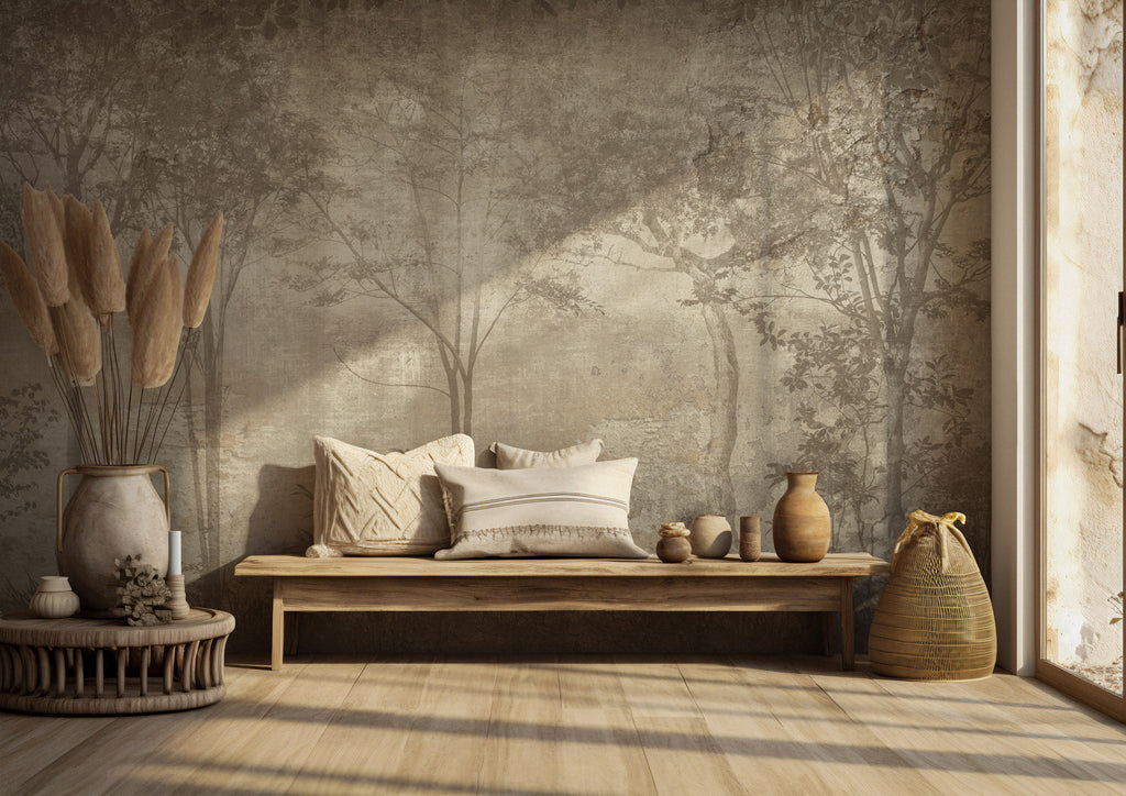 Faded Forest Wallpaper : Sepia Misty Woodland Mural - View 4