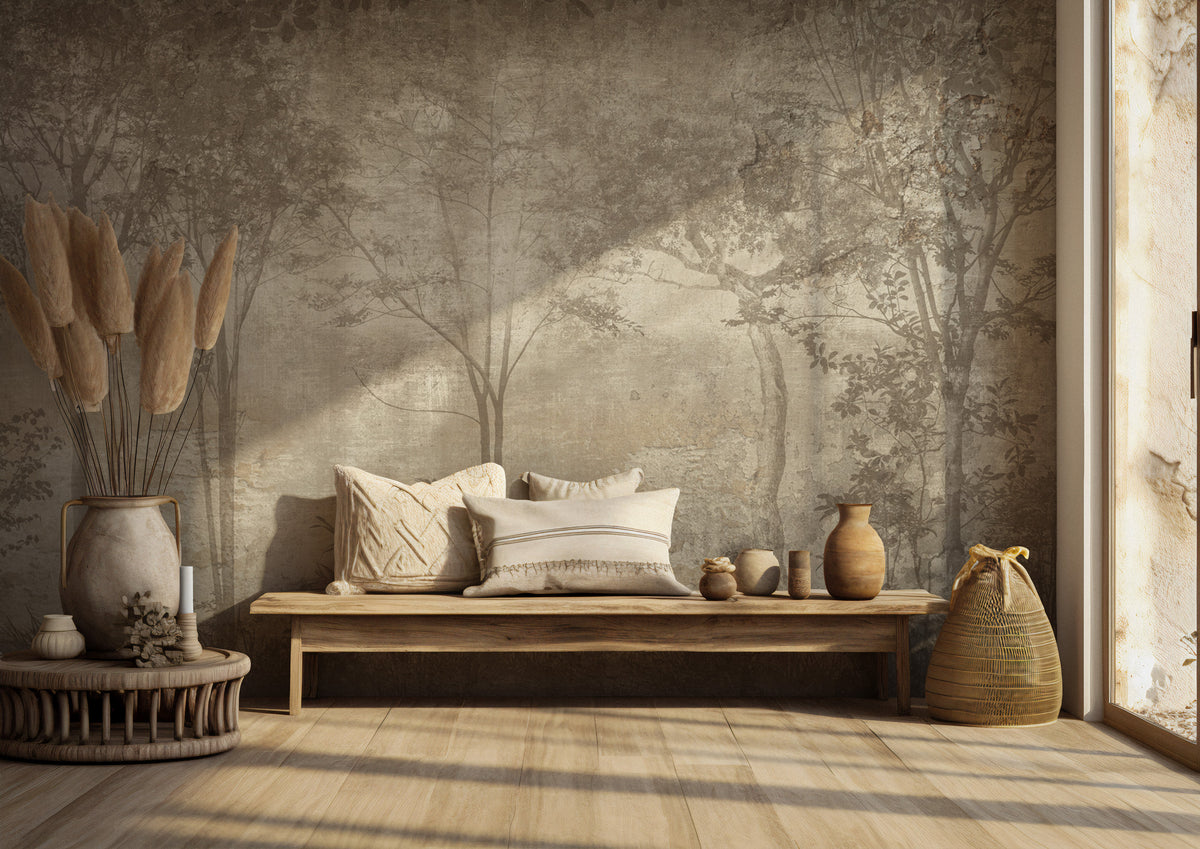 Faded Forest Wallpaper : Sepia Misty Woodland Mural - View 4