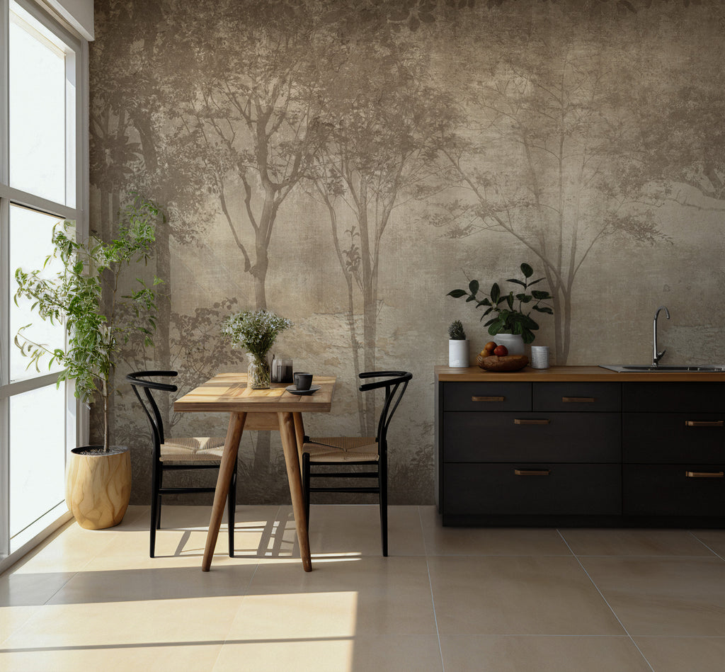 Faded Forest Wallpaper : Sepia Misty Woodland Mural - View 5