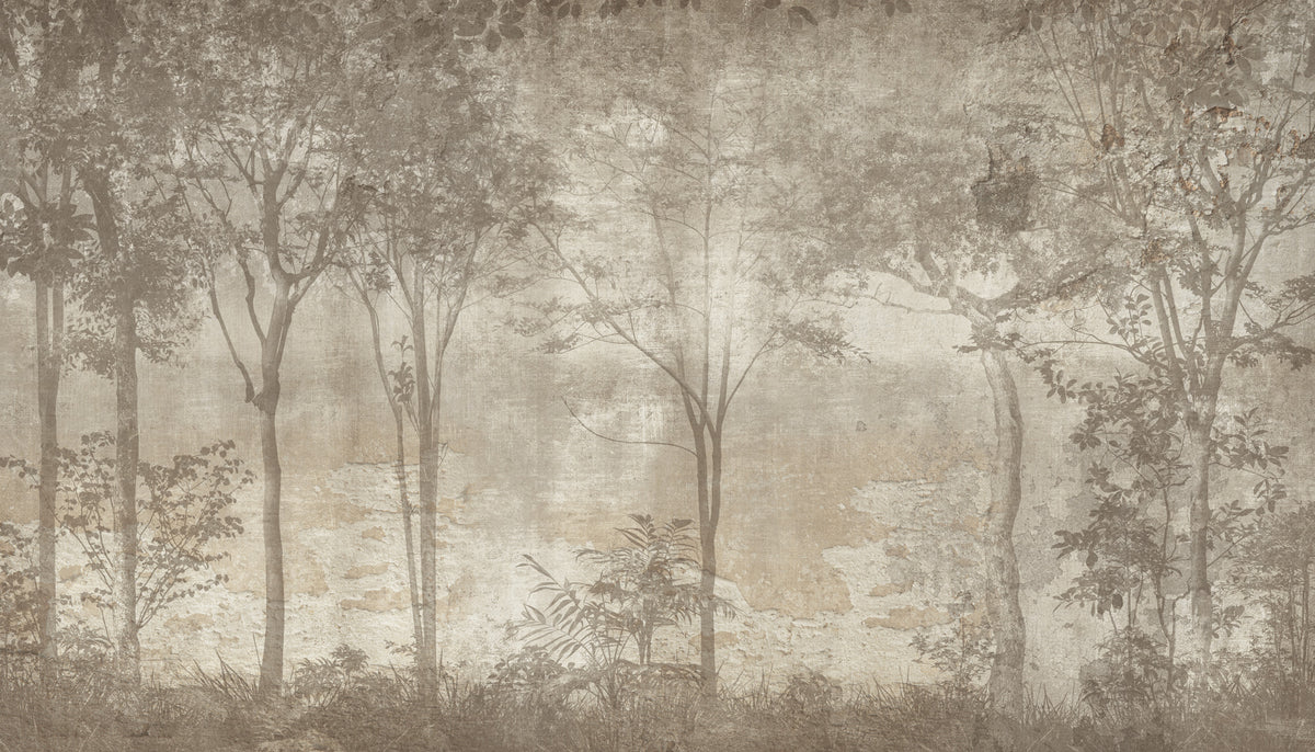 Faded Forest Wallpaper : Sepia Misty Woodland Mural - flat design
