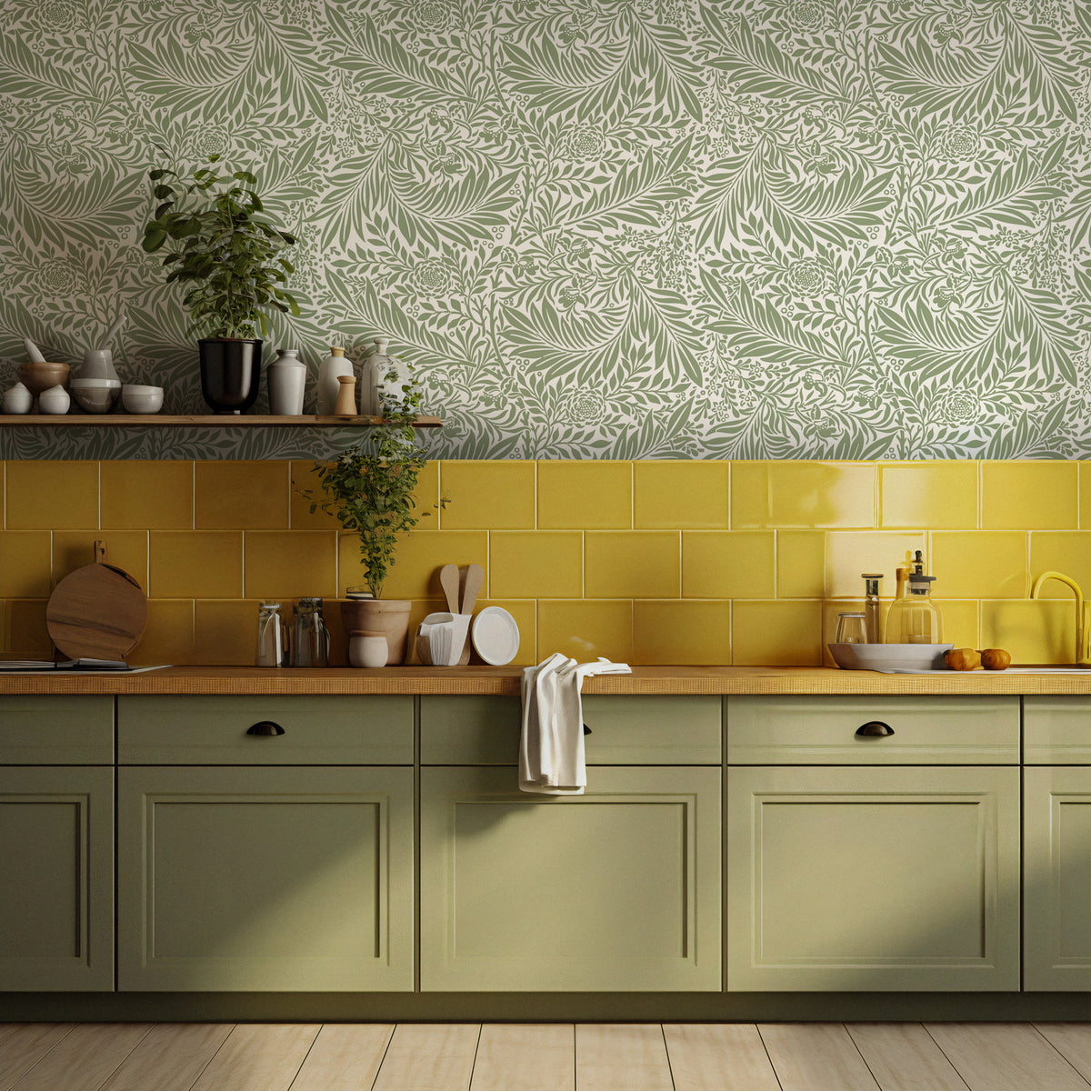Sage Leaf Wallpaper : Arts and Crafts Foliage Pattern Mural - View 2