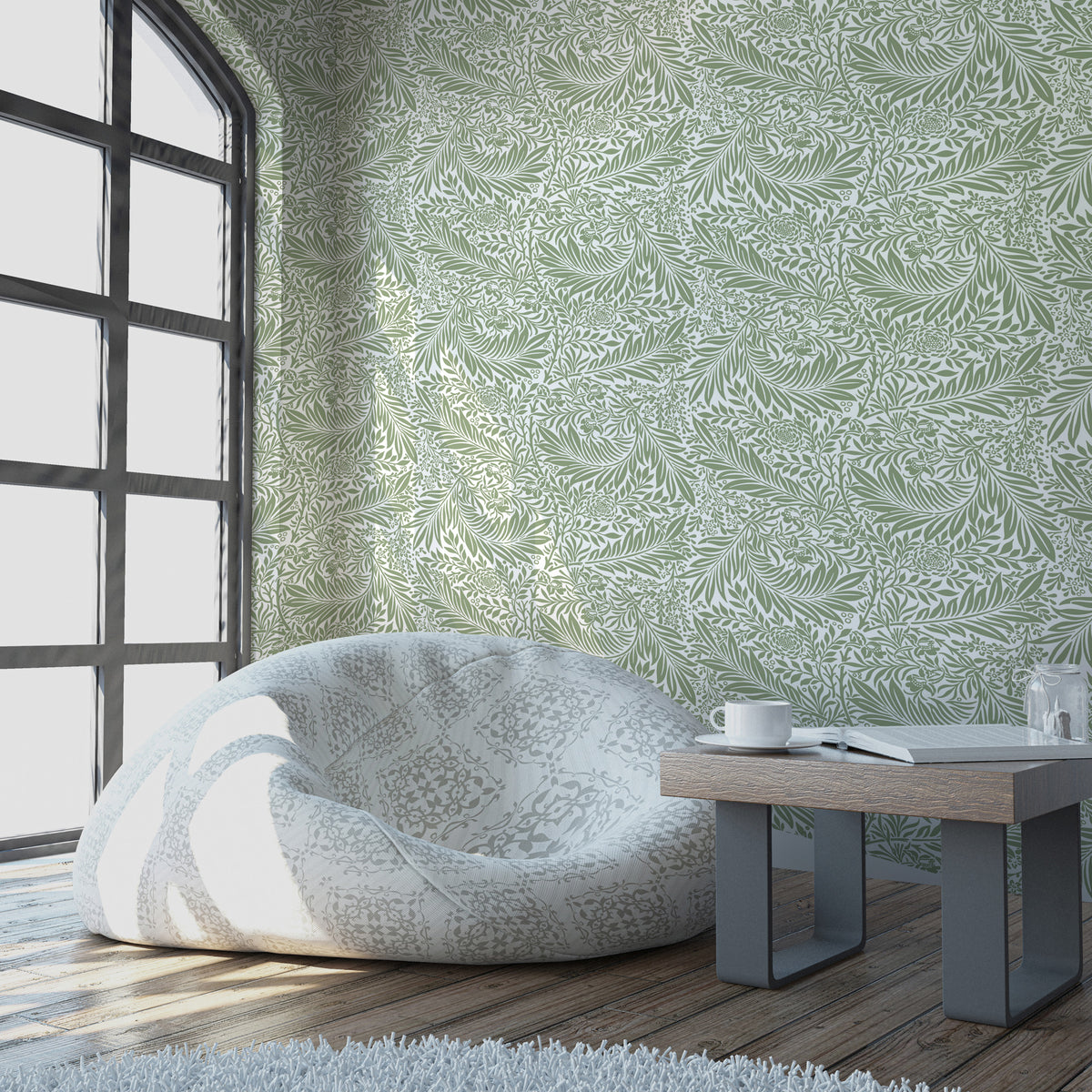 Sage Leaf Wallpaper : Arts and Crafts Foliage Pattern Mural - View 3