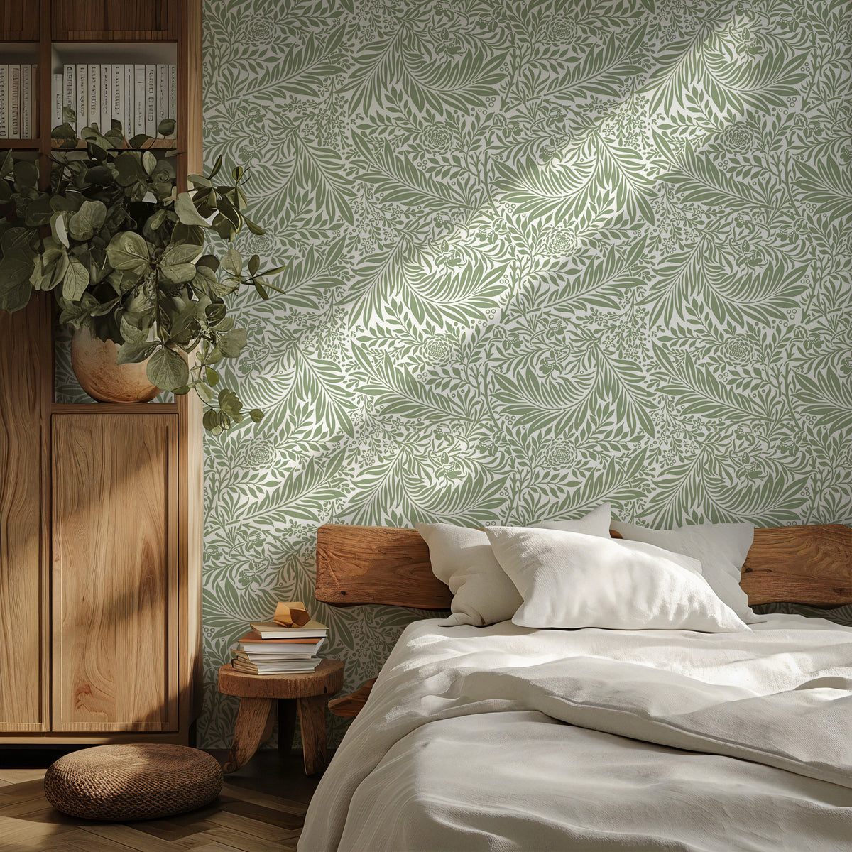 Sage Leaf Wallpaper : Arts and Crafts Foliage Pattern Mural - View 4