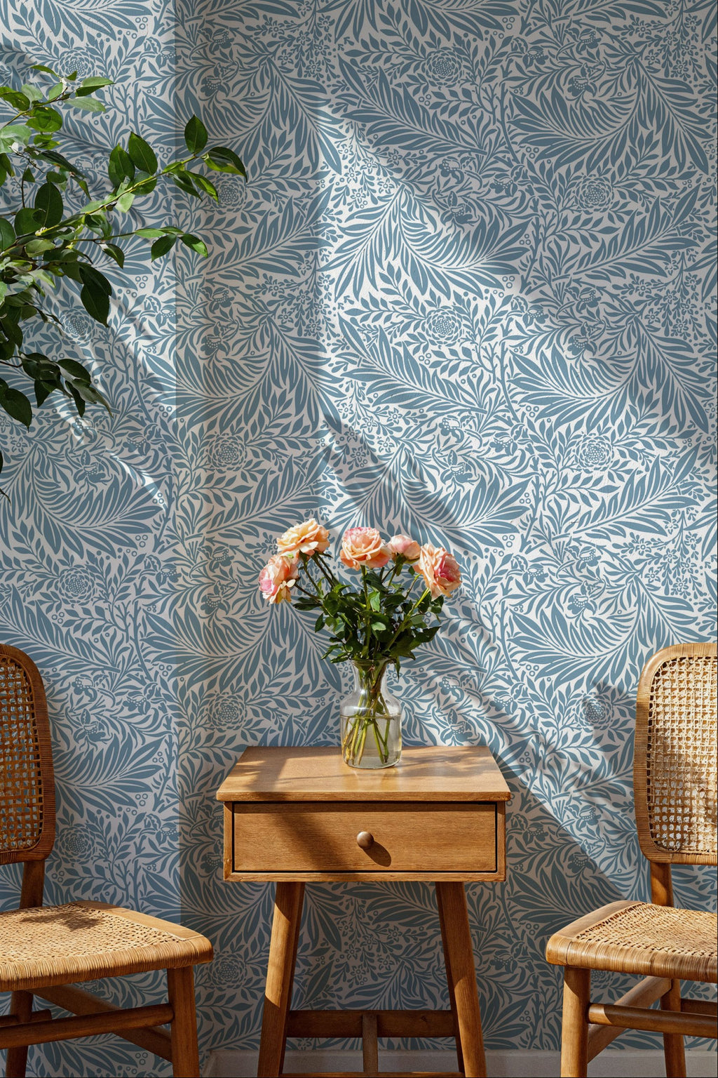 Blue Leaf Wallpaper : Arts and Crafts Foliage Pattern Mural