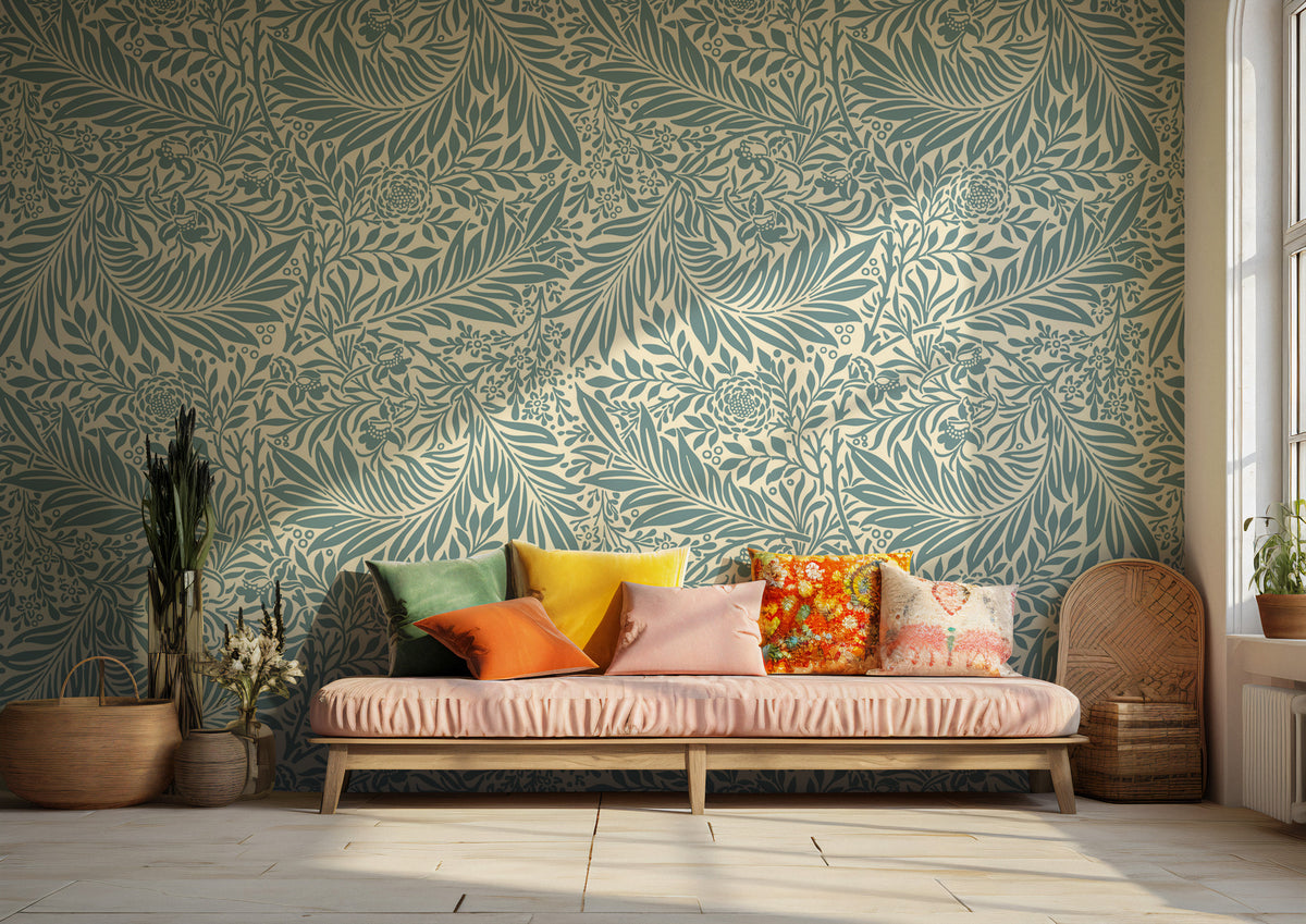Blue Leaf Wallpaper : Arts and Crafts Foliage Pattern Mural - View 2