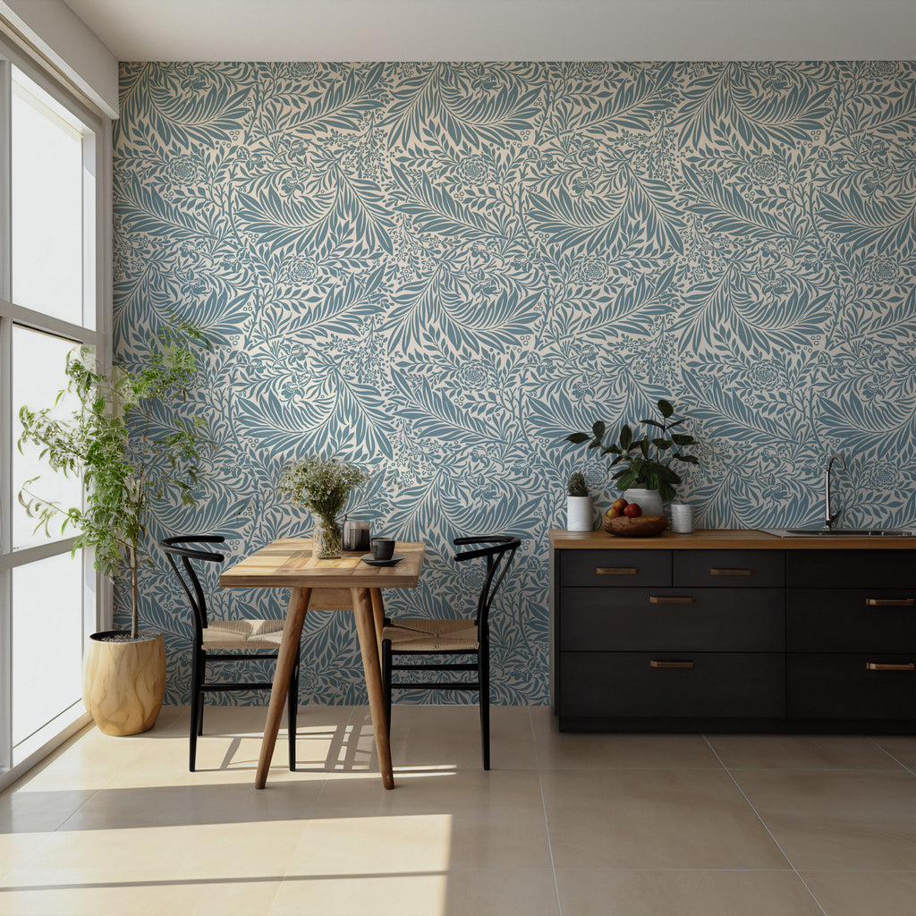 Blue Leaf Wallpaper : Arts and Crafts Foliage Pattern Mural - View 3