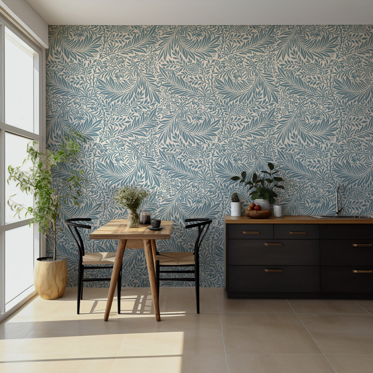 Blue Leaf Wallpaper : Arts and Crafts Foliage Pattern Mural - View 3
