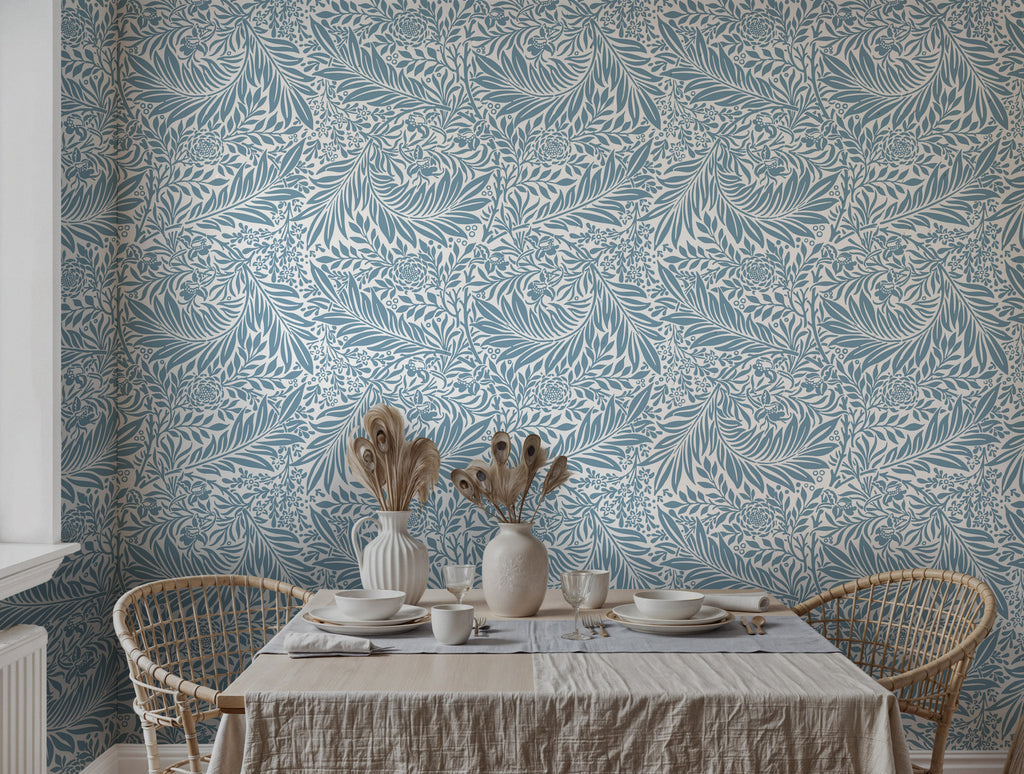 Blue Leaf Wallpaper : Arts and Crafts Foliage Pattern Mural - View 5