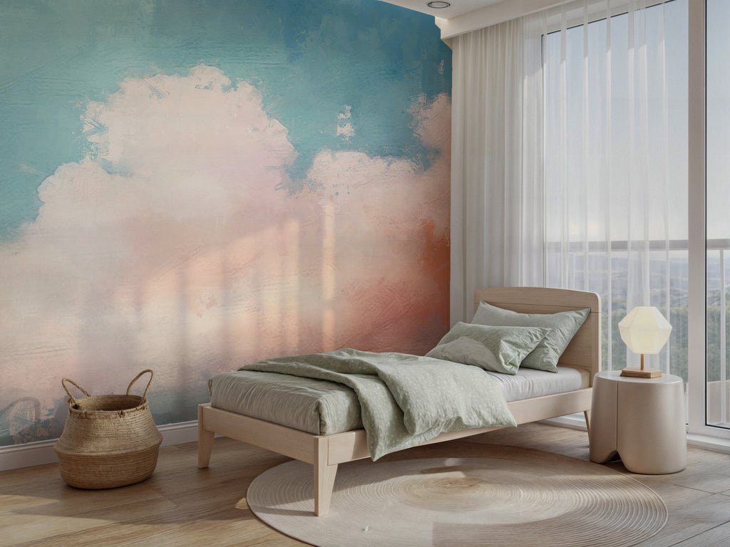 Pink and Blue Cloud Wallpaper : Painterly Sky Mural - View 3