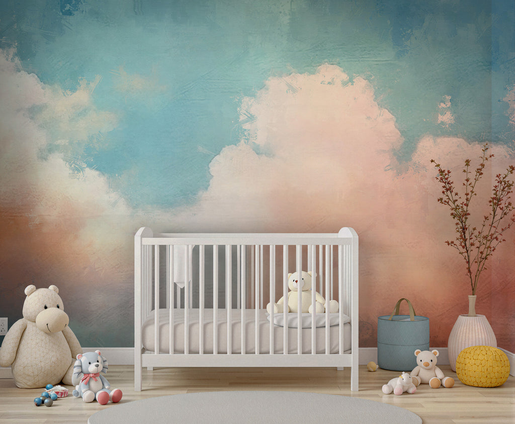 Pink and Blue Cloud Wallpaper : Painterly Sky Mural - View 4