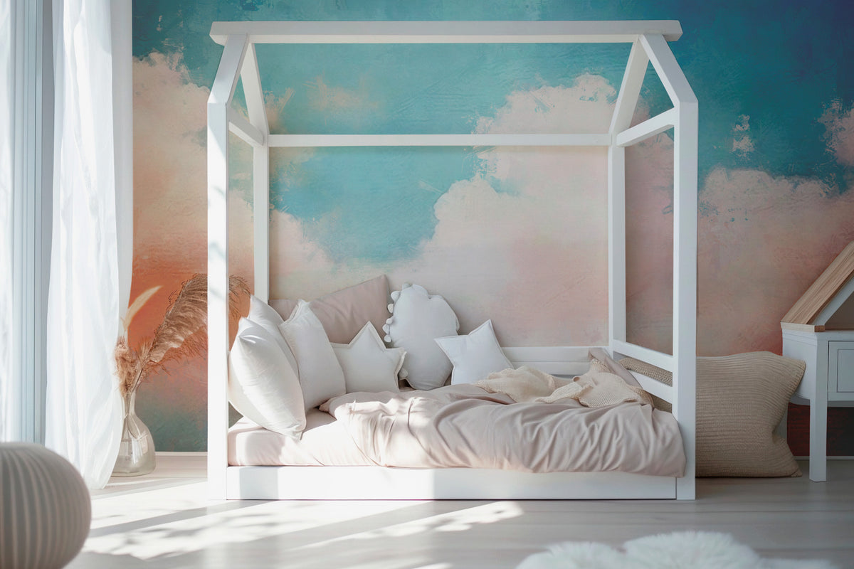 Pink and Blue Cloud Wallpaper : Painterly Sky Mural - View 5