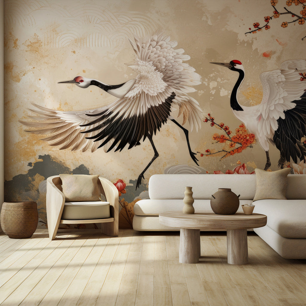 Japanese Crane Wallpaper : Red Crowned Cranes and Peony Mural