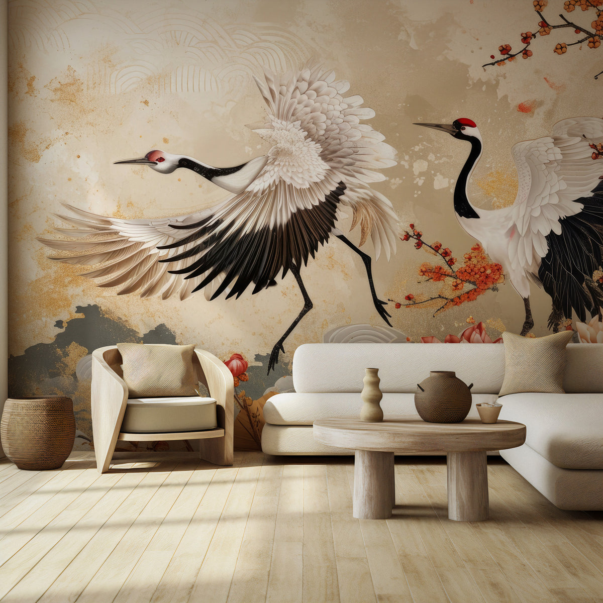 Japanese Crane Wallpaper : Red Crowned Cranes and Peony Mural