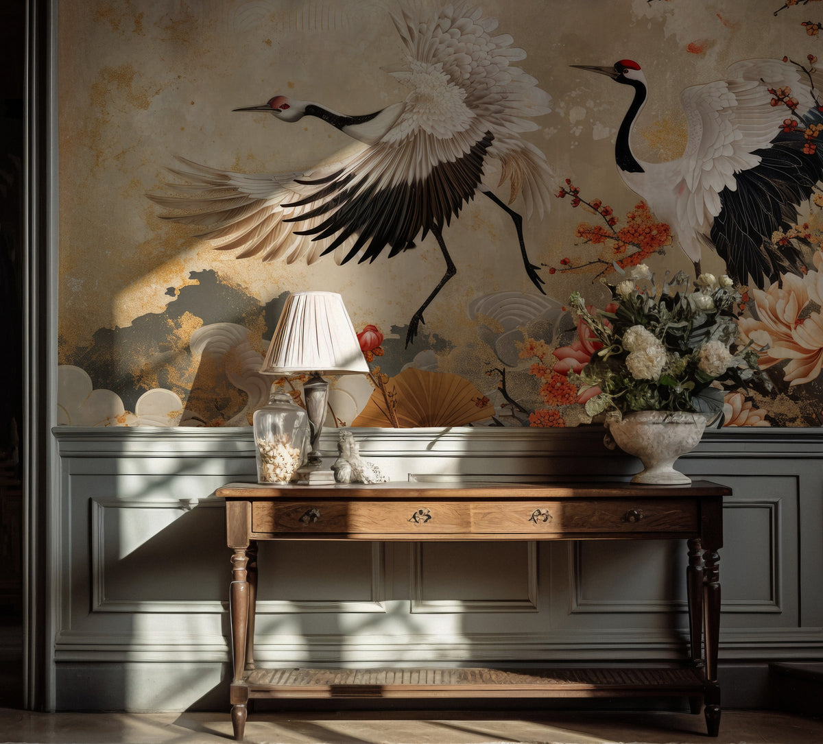 Japanese Crane Wallpaper : Red Crowned Cranes and Peony Mural - View 4