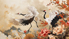 Japanese Crane Wallpaper : Red Crowned Cranes and Peony Mural - flat design