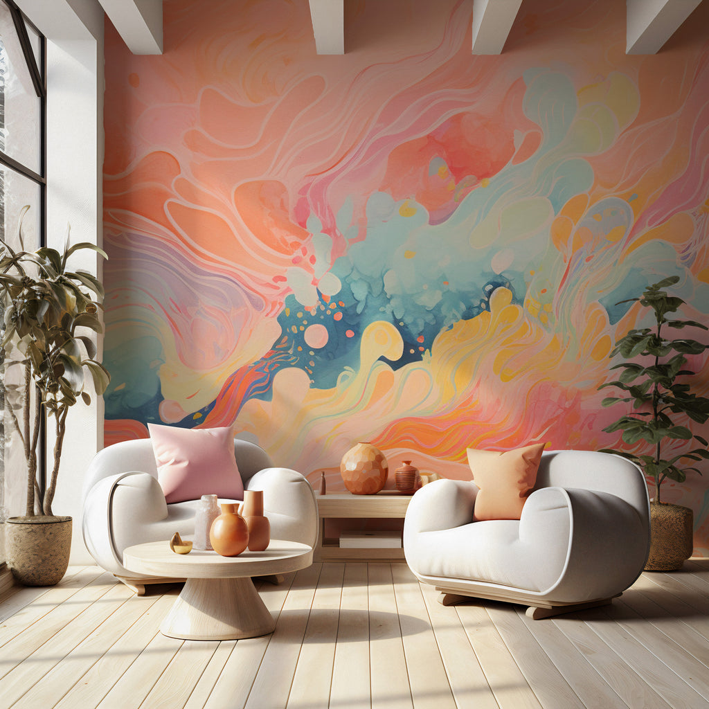 Pink Abstract Watercolor Wallpaper : Coral Marble Swirl Mural - View 2