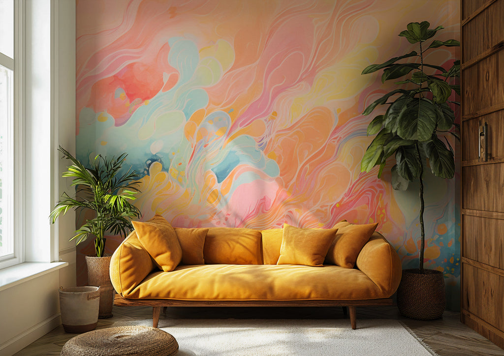 Pink Abstract Watercolor Wallpaper : Coral Marble Swirl Mural - View 3