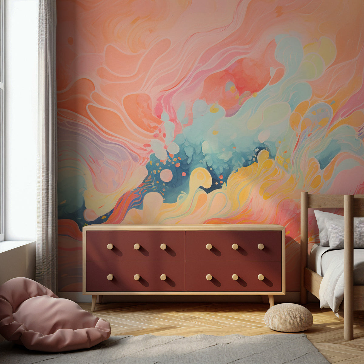Pink Abstract Watercolor Wallpaper : Coral Marble Swirl Mural - View 4