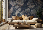 Navy Abstract Flower Wallpaper : Distressed Line Floral Mural